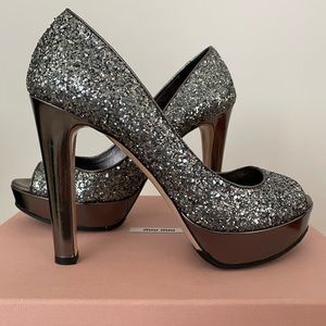 Miu Miu Silver Open Toed Pumps